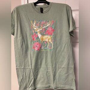 Christmas Gildan Sage Green Deer and Floral Tee
